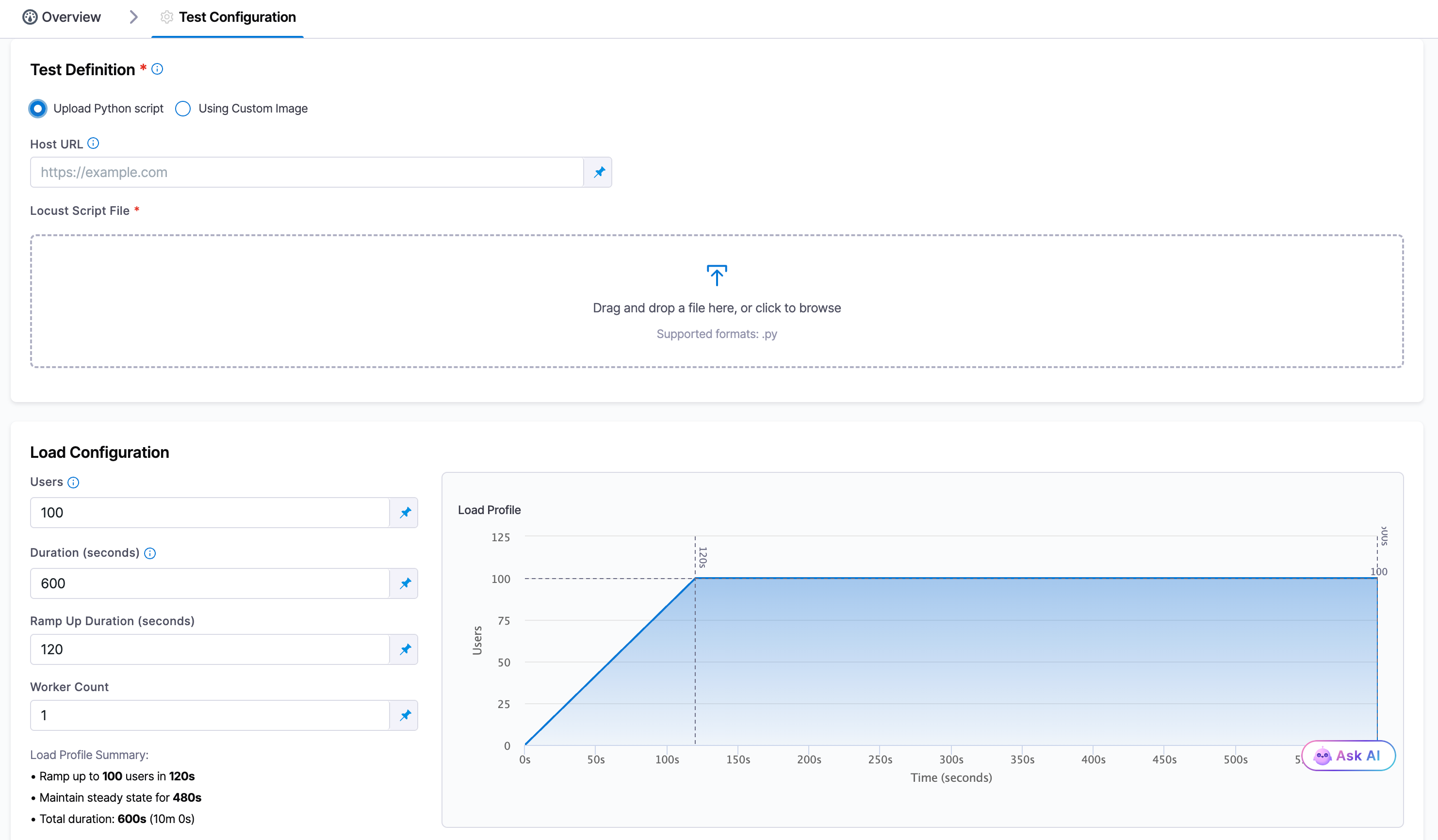 Click to view full size The Test Configuration tab with Upload Python script selected, showing the Host URL and Locust Script File upload fields alongside the Load Configuration and Load Profile graph