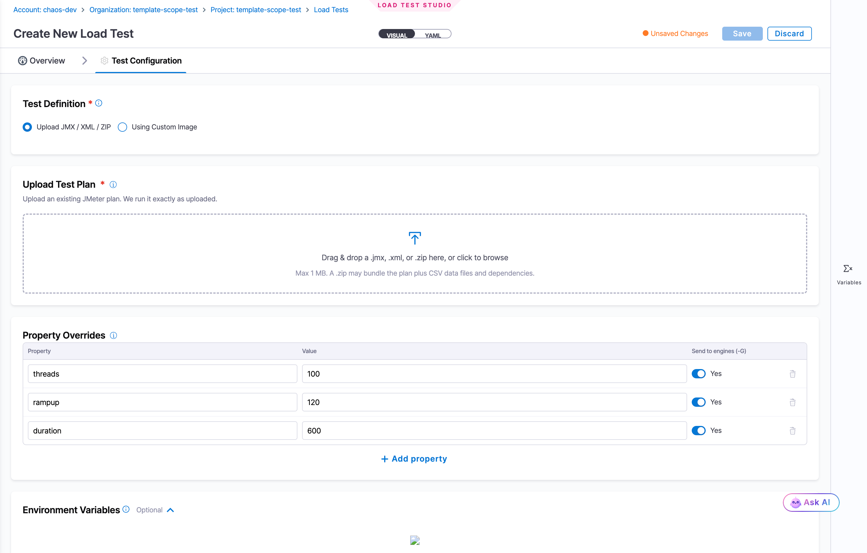 Click to view full size The Test Configuration tab with Upload JMX / XML / ZIP selected, showing the Upload Test Plan drop zone, the Property Overrides table with threads, rampup, and duration rows, and the Environment Variables section