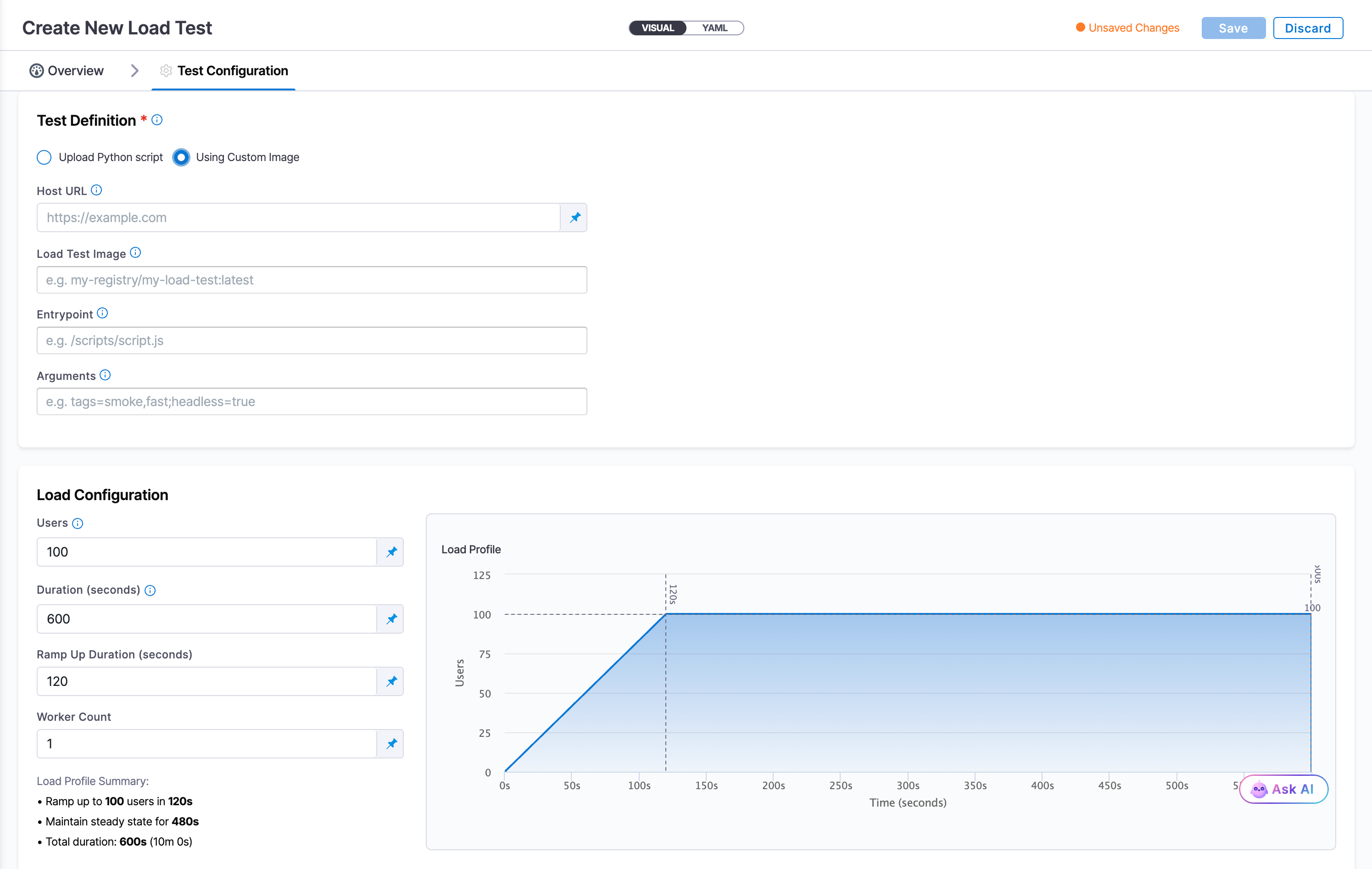 Click to view full size The Test Configuration tab with Using Custom Image selected, showing the Host URL, Load Test Image, Entrypoint, and Arguments fields alongside the Load Configuration and Load Profile graph