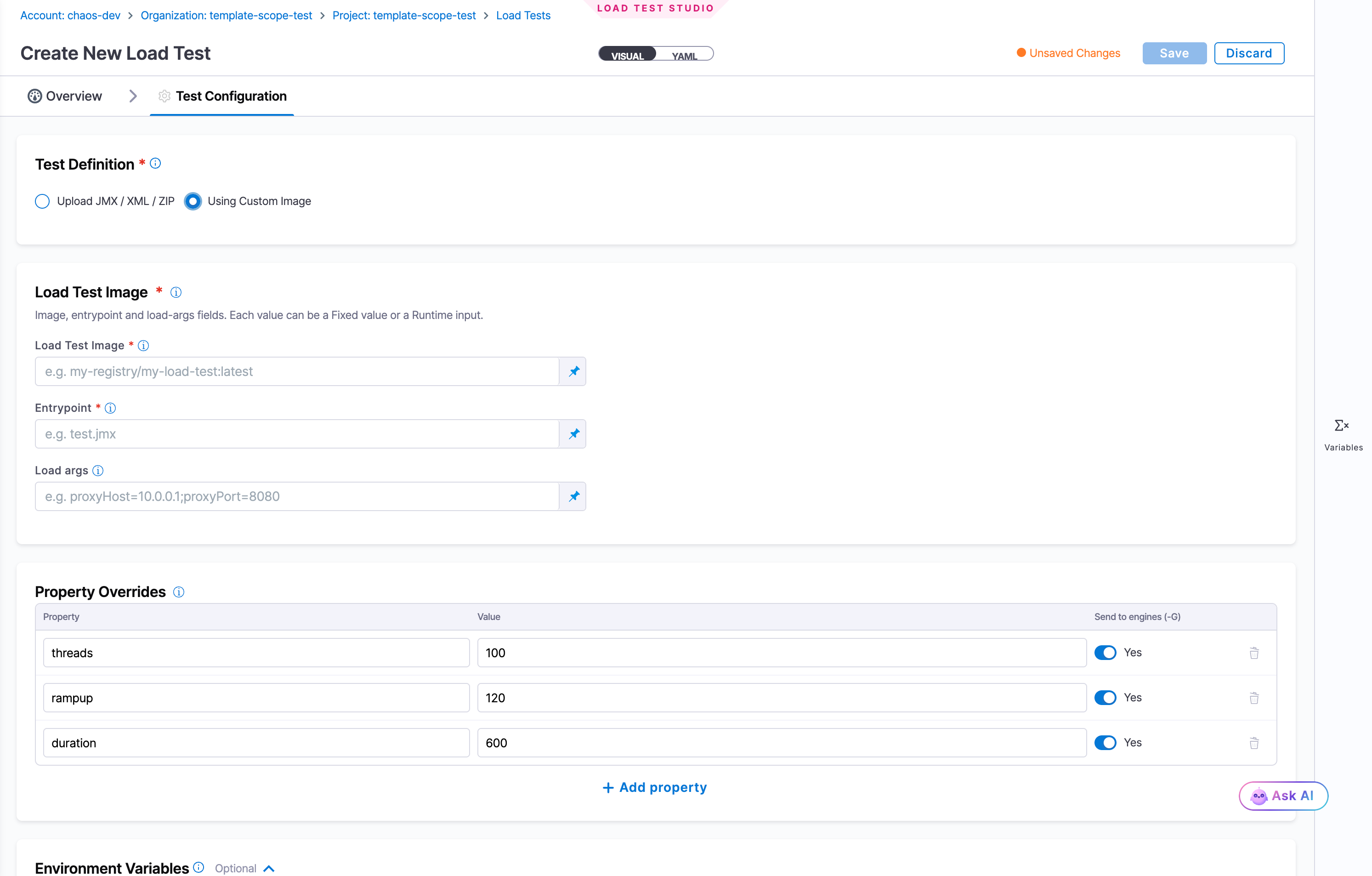 Click to view full size The Test Configuration tab with Using Custom Image selected, showing the Load Test Image, Entrypoint, and Load args fields alongside the Property Overrides table