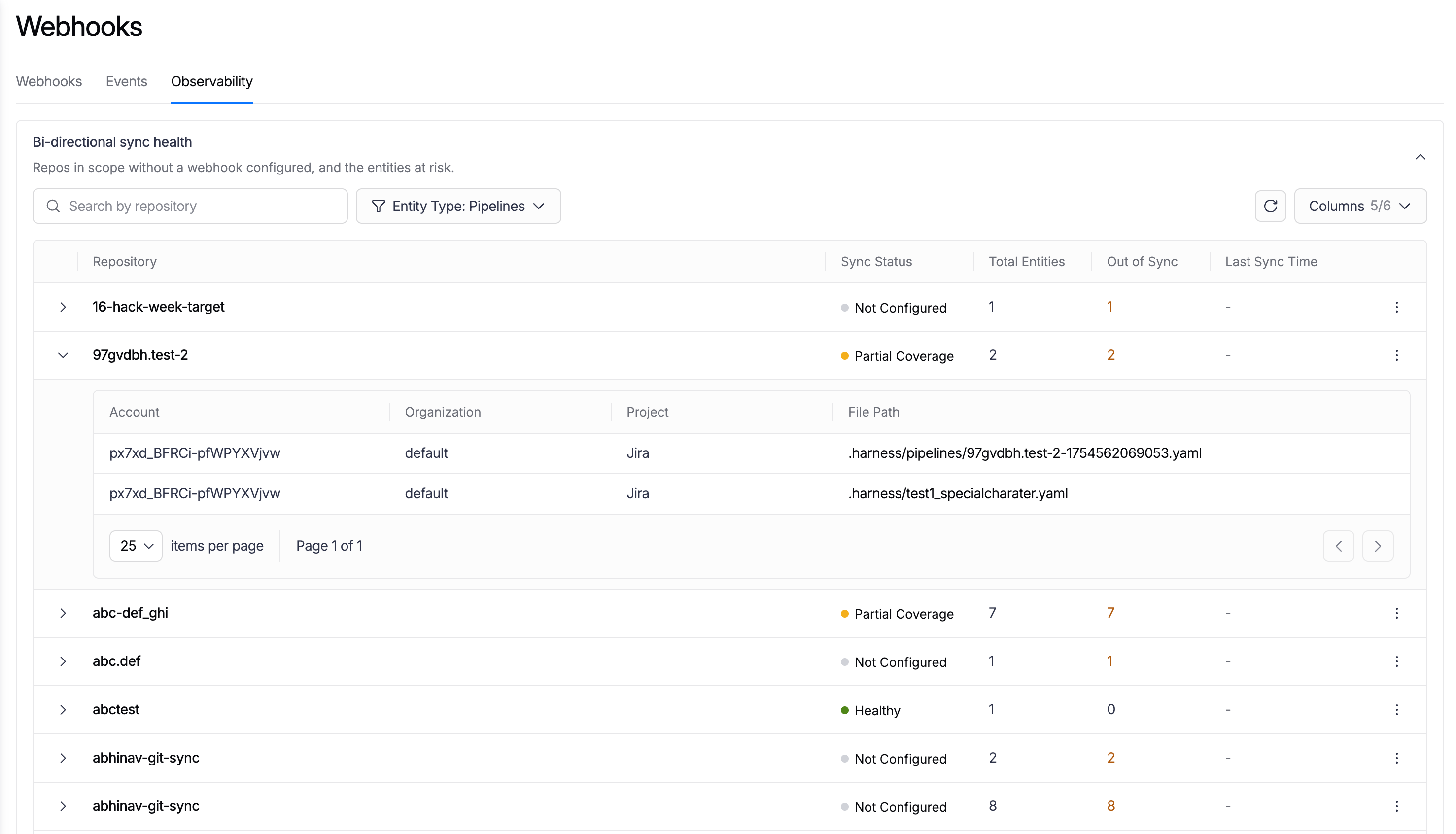 Click to view full size image Expanded repository row showing entity account, organization, project, and file path